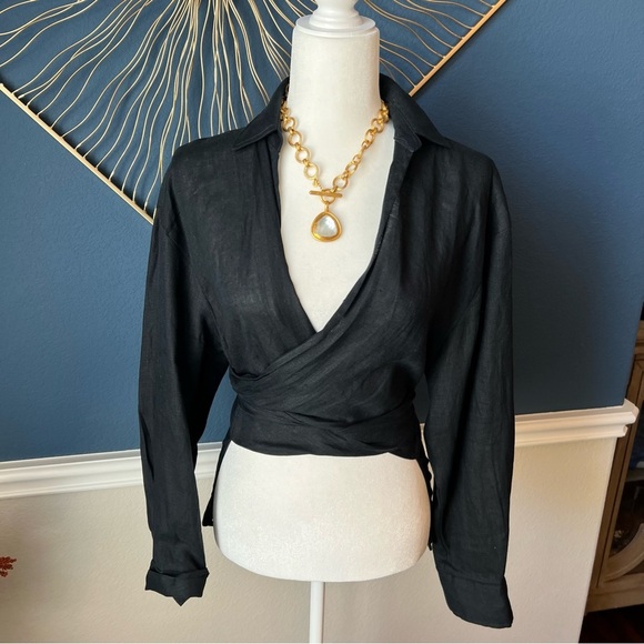 Zara Tops - NWT Elegant 100% Linen Black Wrap Top